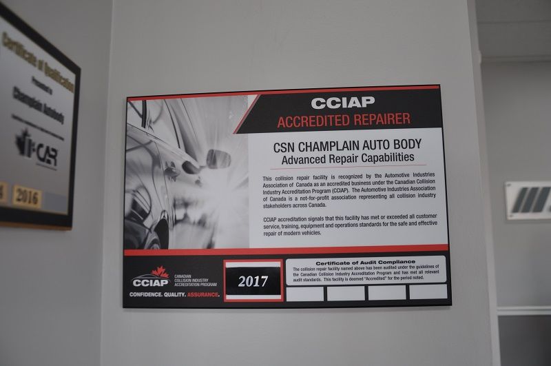 CSN-Champlain Auto Body receives first CCIAP accreditation in New Brunswick plaque